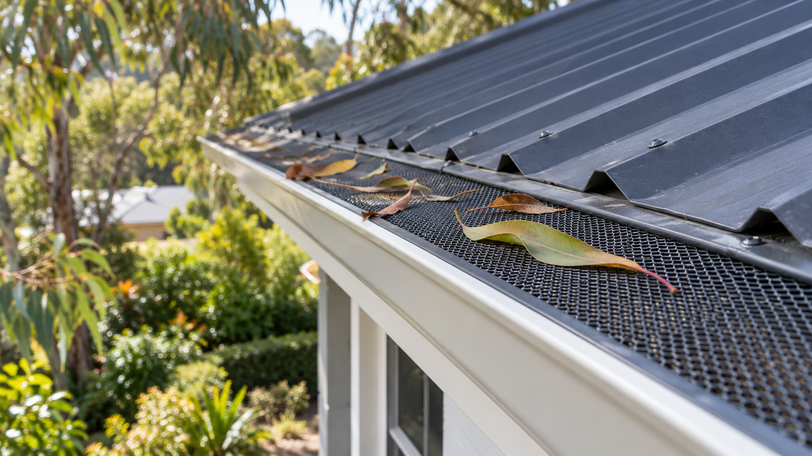 Protective mesh fitted along a house gutter